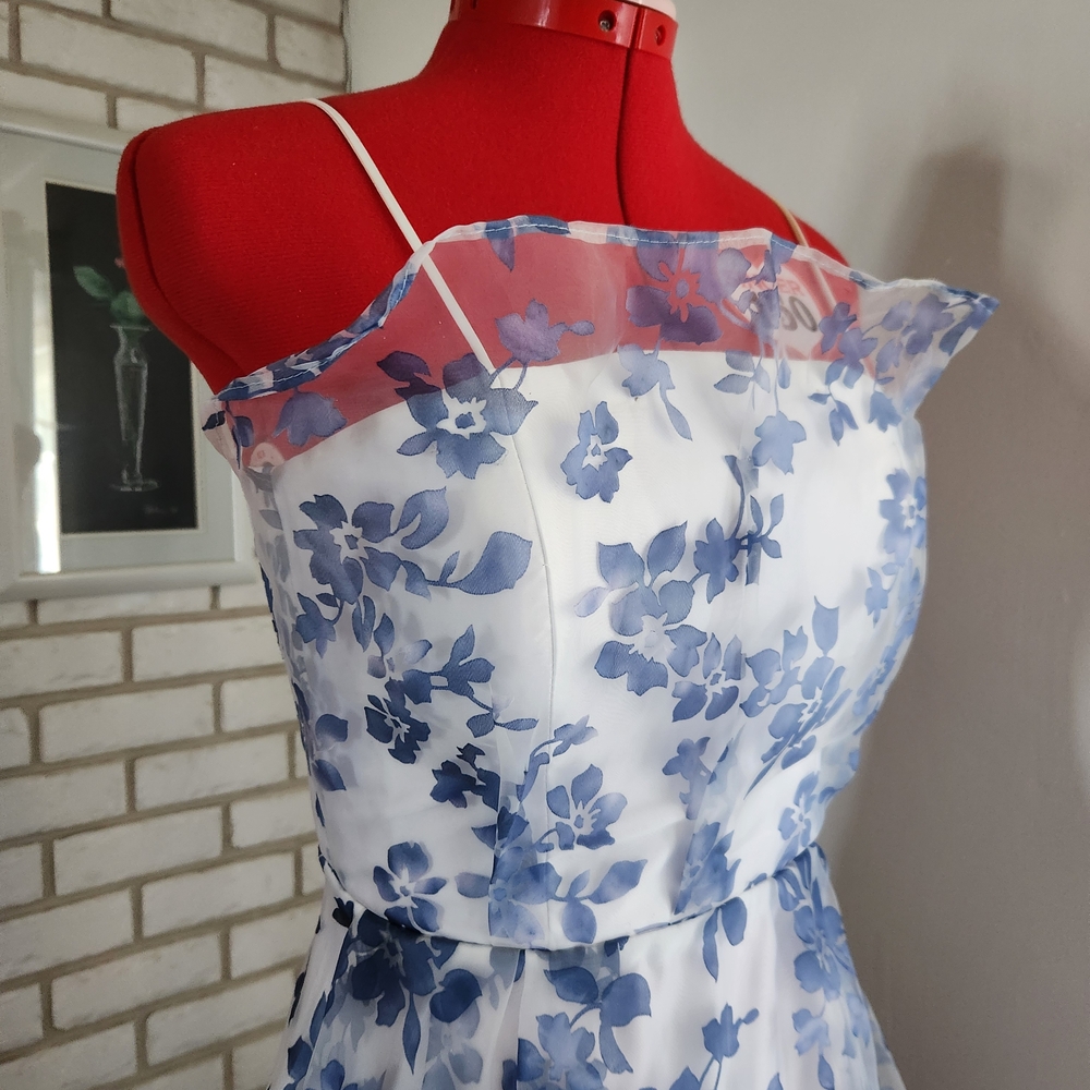 Handmade White Dress with Blue Floral Print - Picture 3 of 5